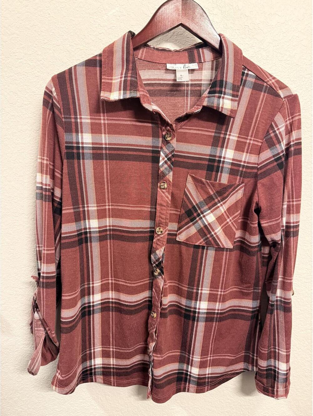 Just Be Women’s Large Red Plaid Button Front Shirt Roll Tab Sleeves